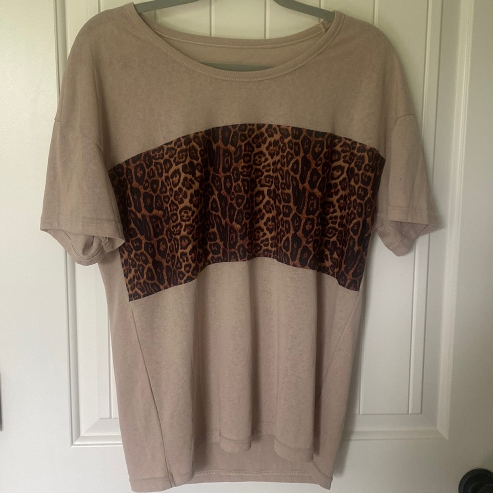 Silky tan top with a leopard print middle panel size large
